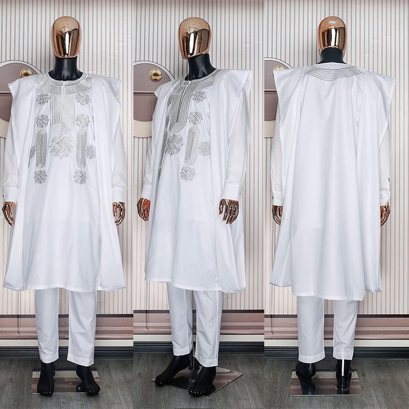 HD African Apparel Agbada Clothing Embroidery Dashiki Shirts and Pants African Men Outfits 3 Pieces, White 3XL - Image 3